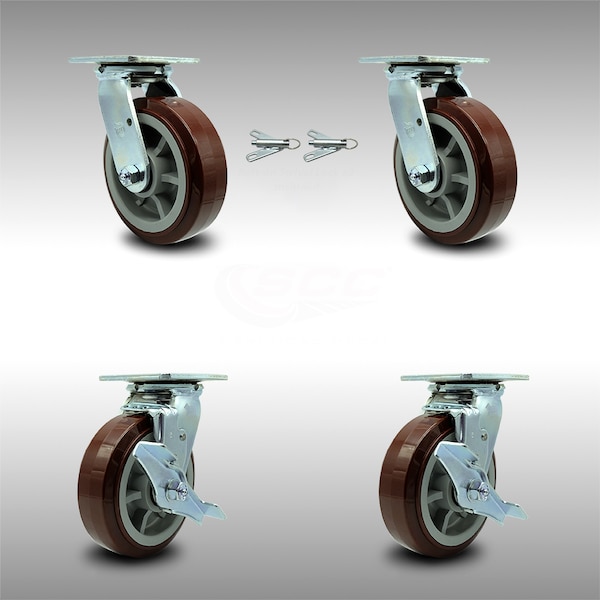 6 Inch SS Polyurethane Caster Set with Ball Bearings 2 Swivel Lock 2 Brake SCC